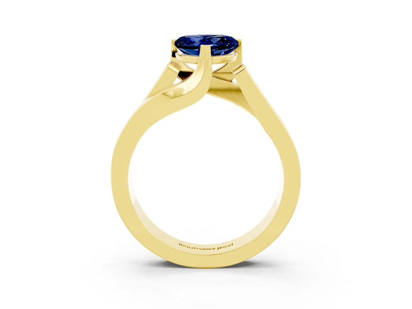 Yellow gold Modern Tension Set Heart Cut Blue Sapphire Solitaire Wide Band Ring