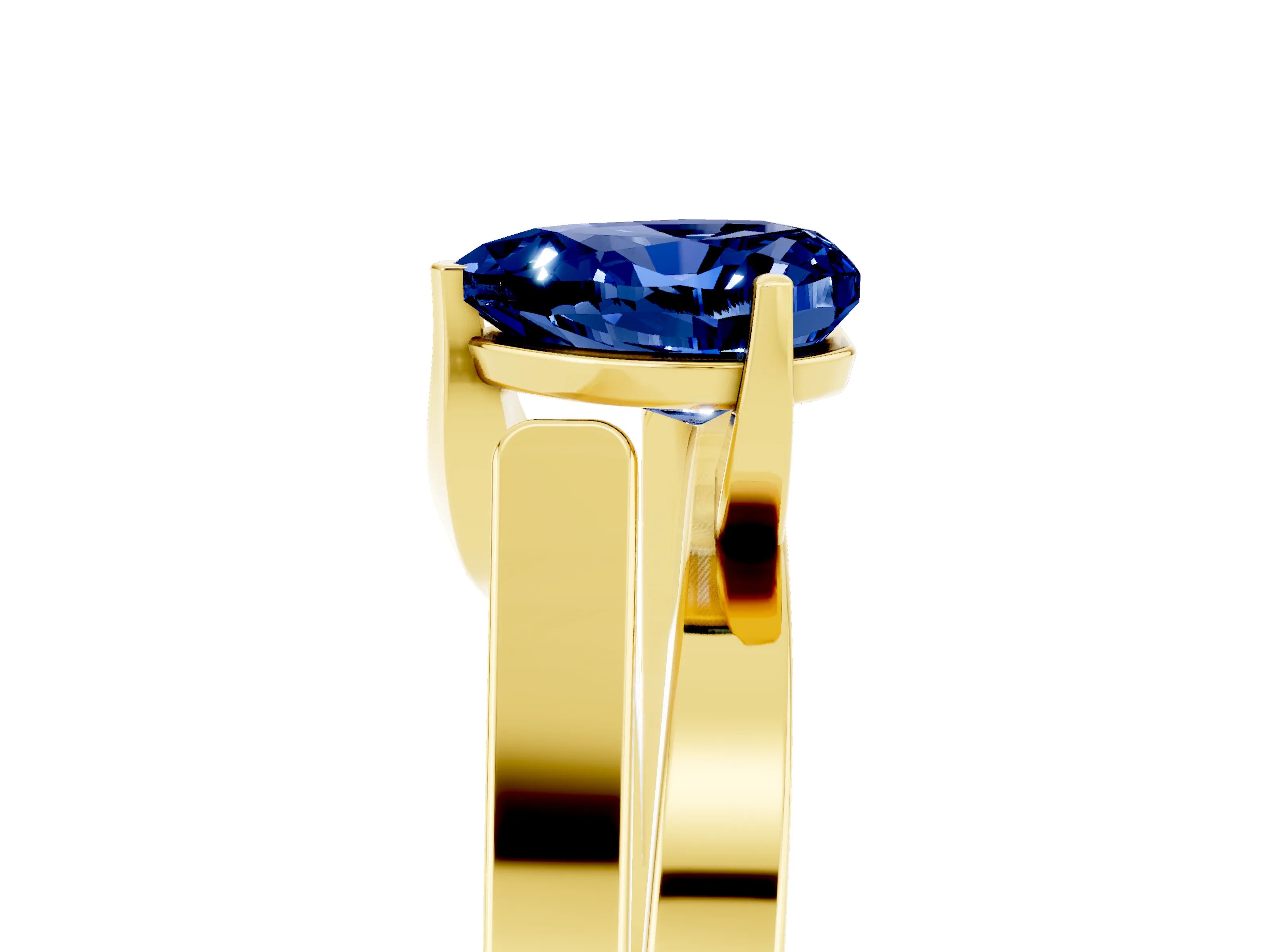 Yellow gold Modern Tension Set Heart Cut Blue Sapphire Solitaire Wide Band Ring_5