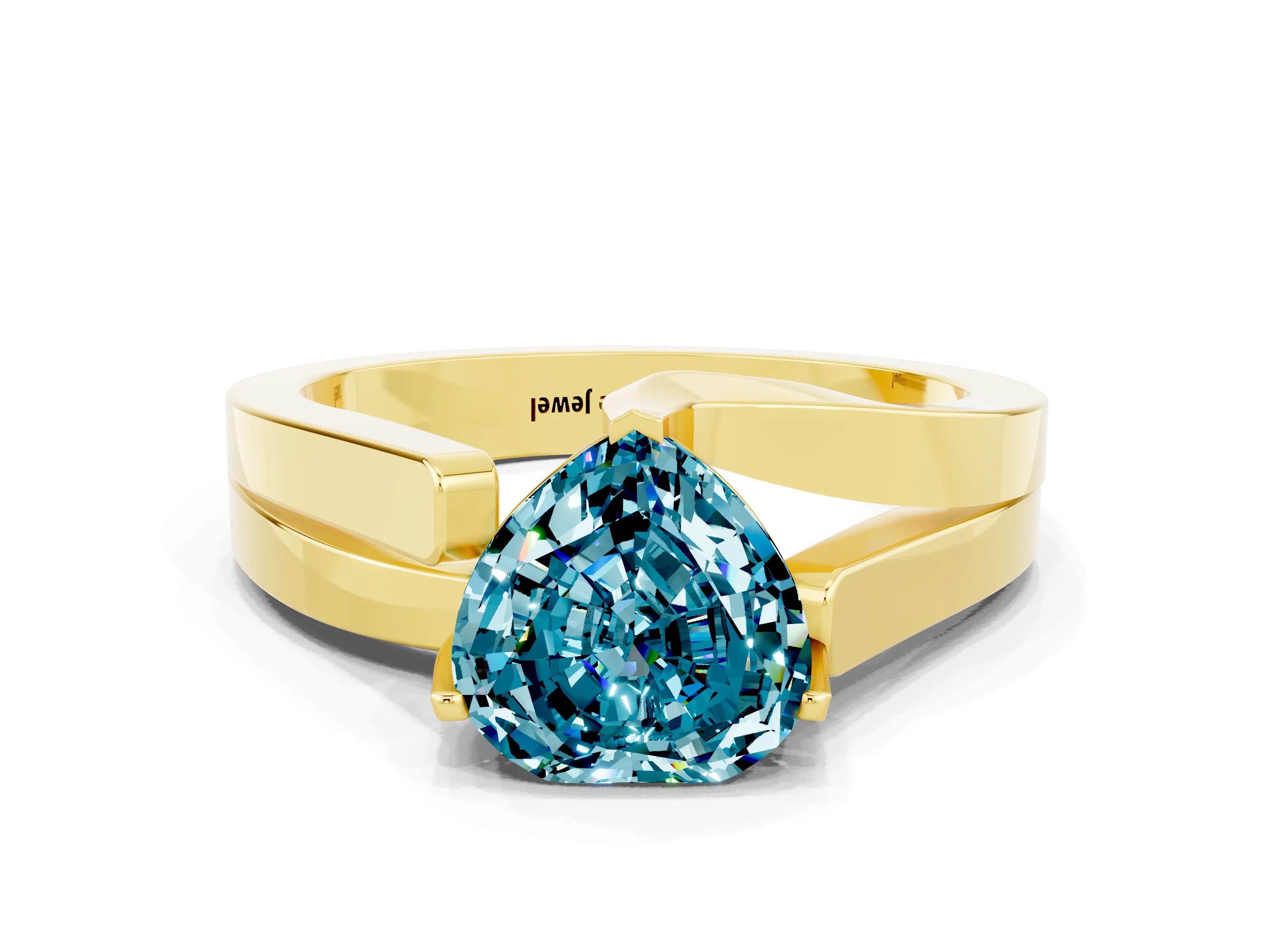 Yellow gold Modern Tension Set Heart Cut Blue Topaz Solitaire Wide Band Ring