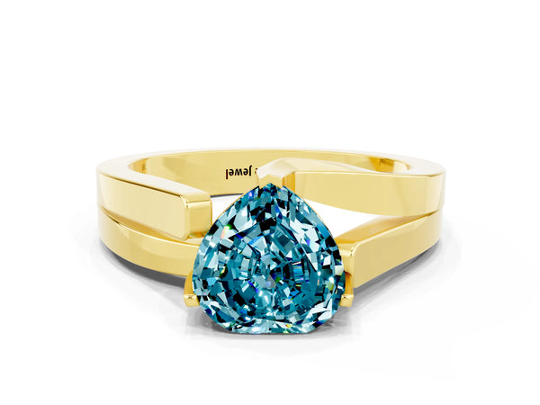 Yellow gold Modern Tension Set Heart Cut Blue Topaz Solitaire Wide Band Ring