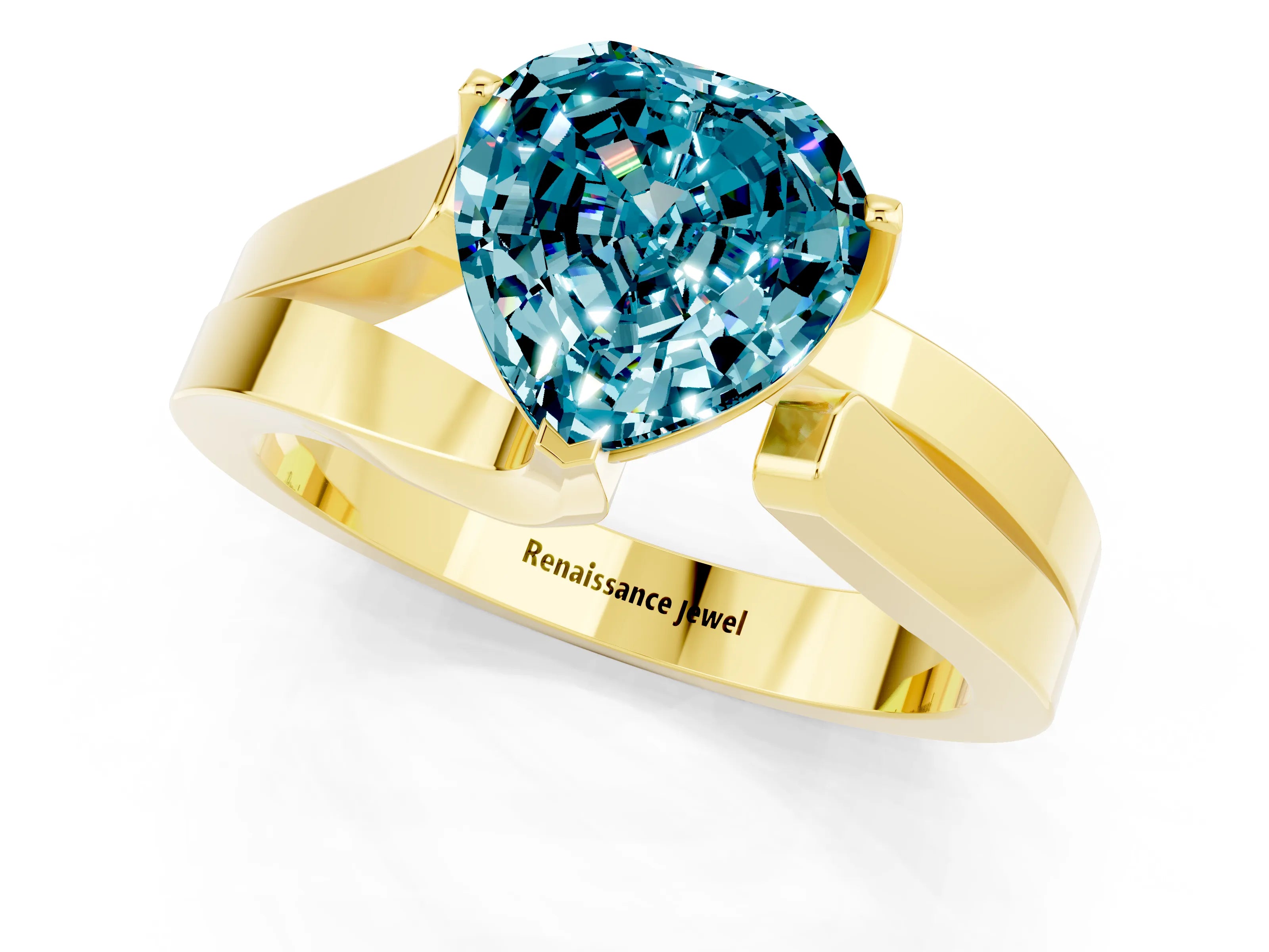 Yellow gold Modern Tension Set Heart Cut Blue Topaz Solitaire Wide Band Ring_1