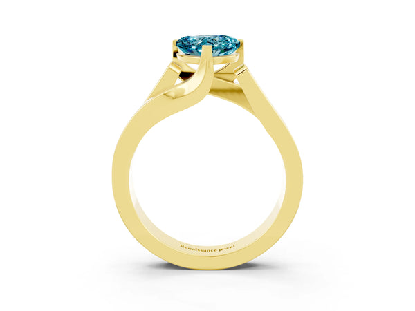 Yellow gold Modern Tension Set Heart Cut Blue Topaz Solitaire Wide Band Ring