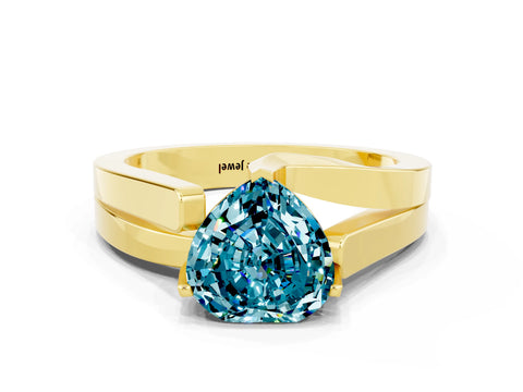 Yellow gold Modern Tension Set Heart Cut Blue Topaz Solitaire Wide Band Ring