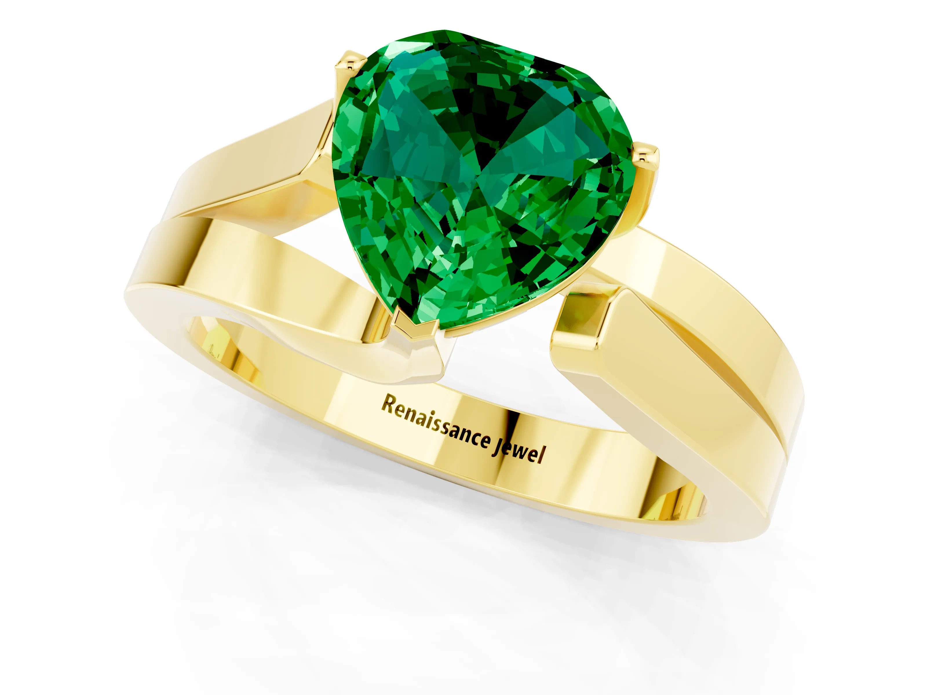 Yellow gold Modern Tension Set Heart Cut Emerald Solitaire Wide Band Ring_1