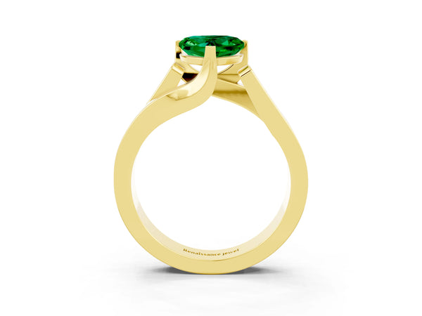 Yellow gold Modern Tension Set Heart Cut Emerald Solitaire Wide Band Ring