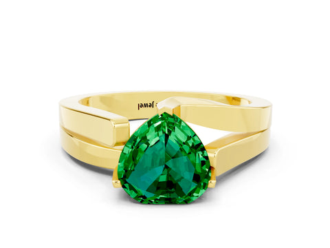 Yellow gold Modern Tension Set Heart Cut Emerald Solitaire Wide Band Ring