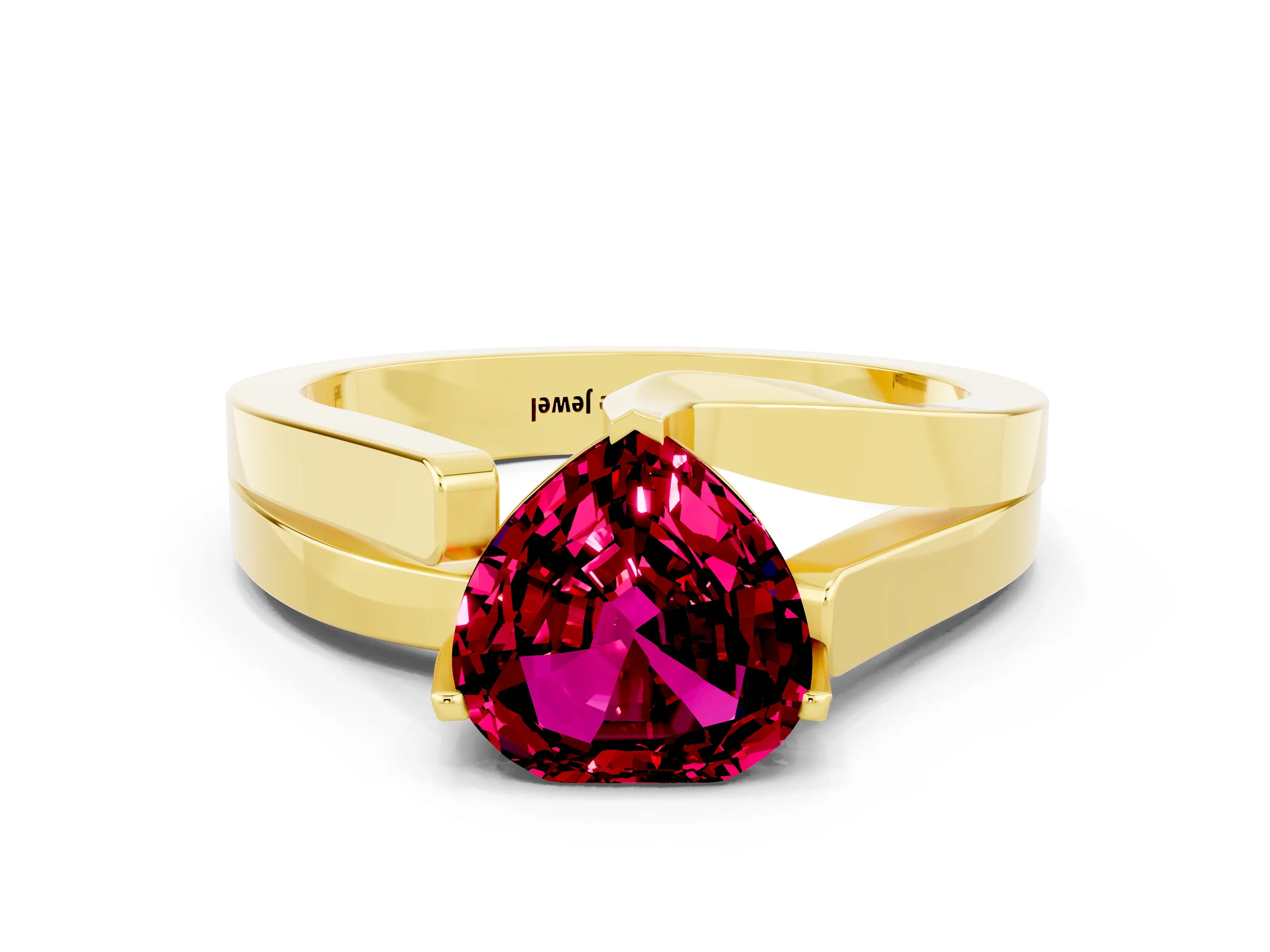 Yellow gold Modern Tension Set Heart Cut Garnet Solitaire Wide Band Ring