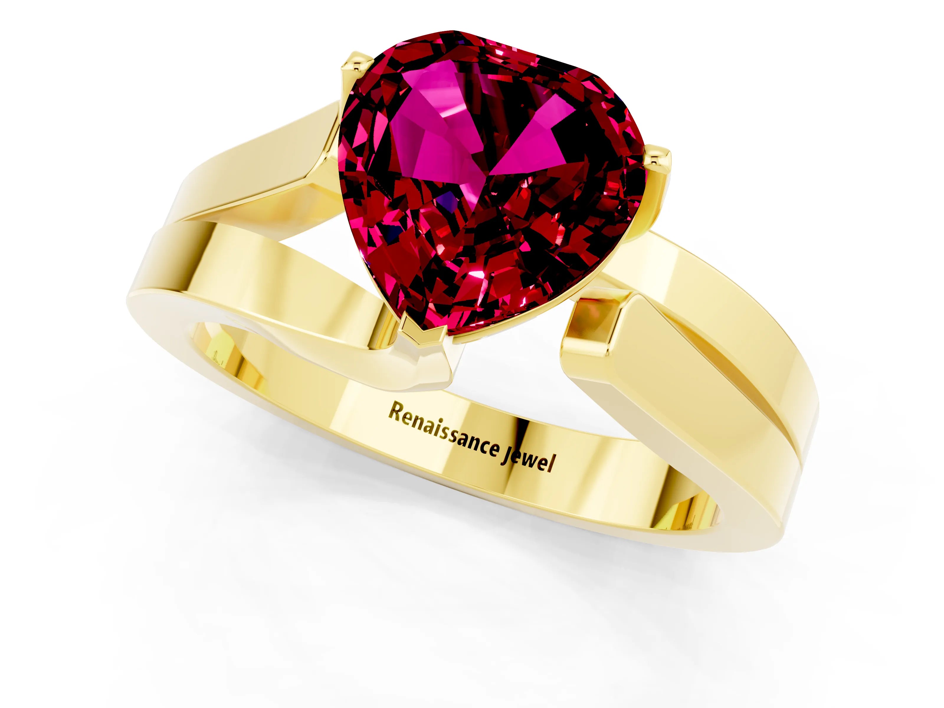Yellow gold Modern Tension Set Heart Cut Garnet Solitaire Wide Band Ring_1