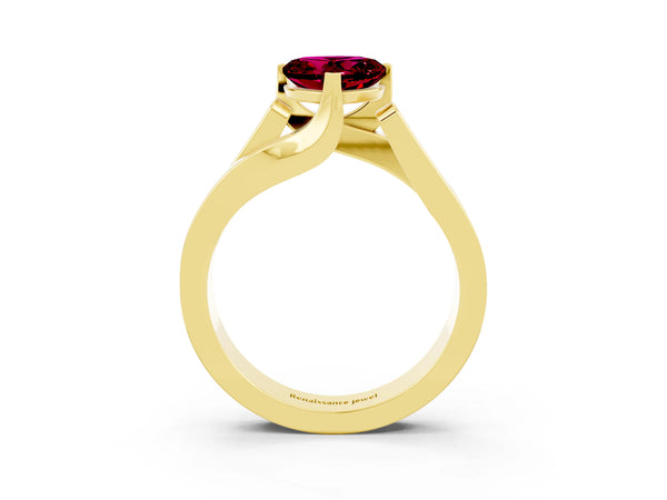 Yellow gold Modern Tension Set Heart Cut Garnet Solitaire Wide Band Ring