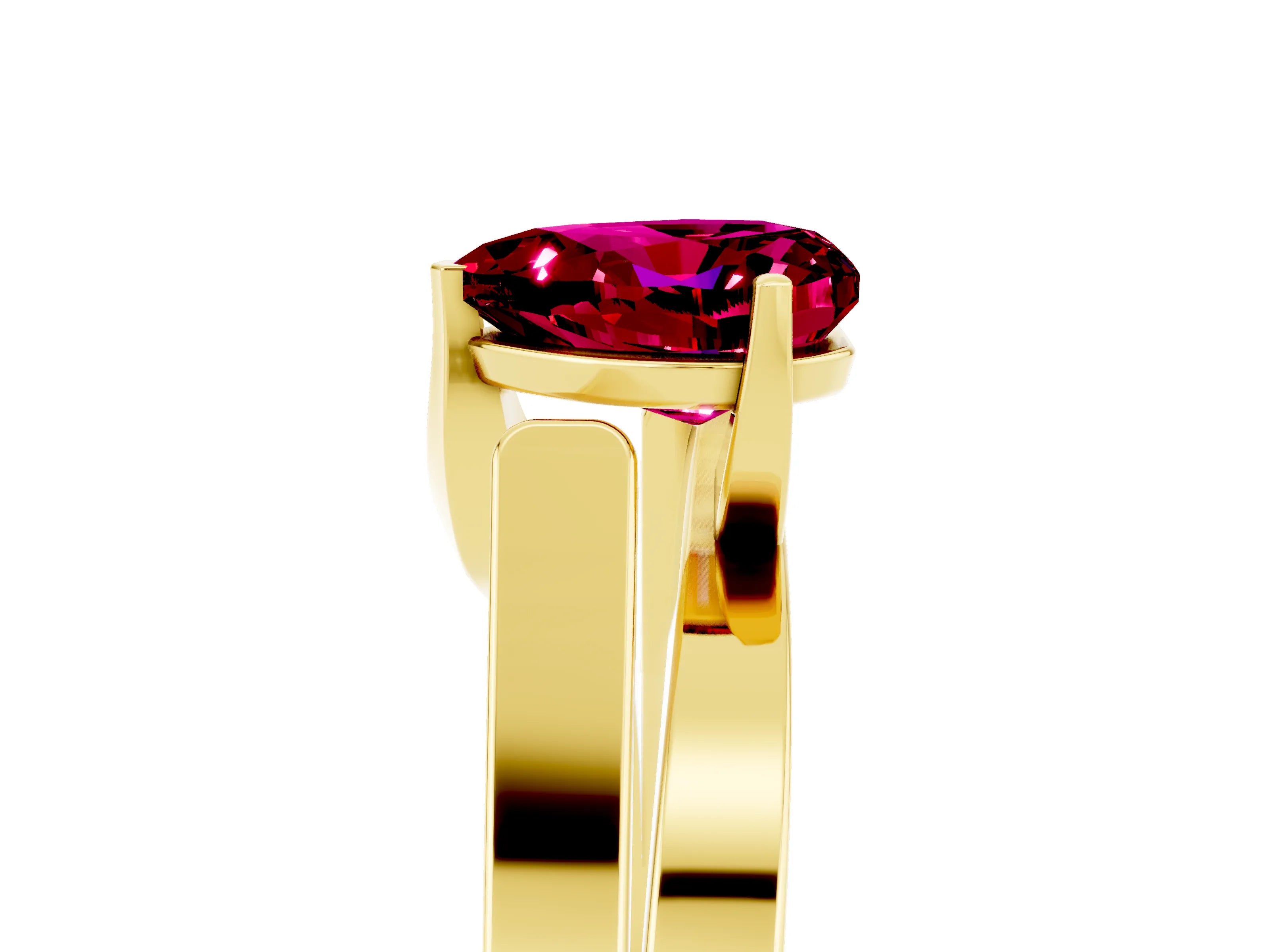 Yellow gold Modern Tension Set Heart Cut Garnet Solitaire Wide Band Ring_5