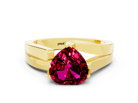Yellow gold Modern Tension Set Heart Cut Garnet Solitaire Wide Band Ring