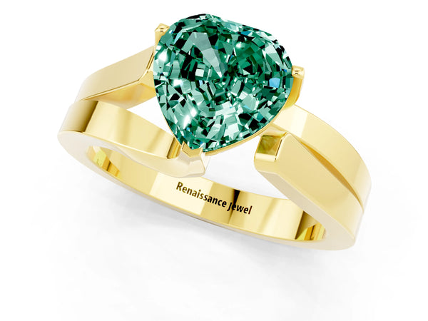 Yellow gold Modern Tension Set Heart Cut Green Sapphire Solitaire Wide Band Ring