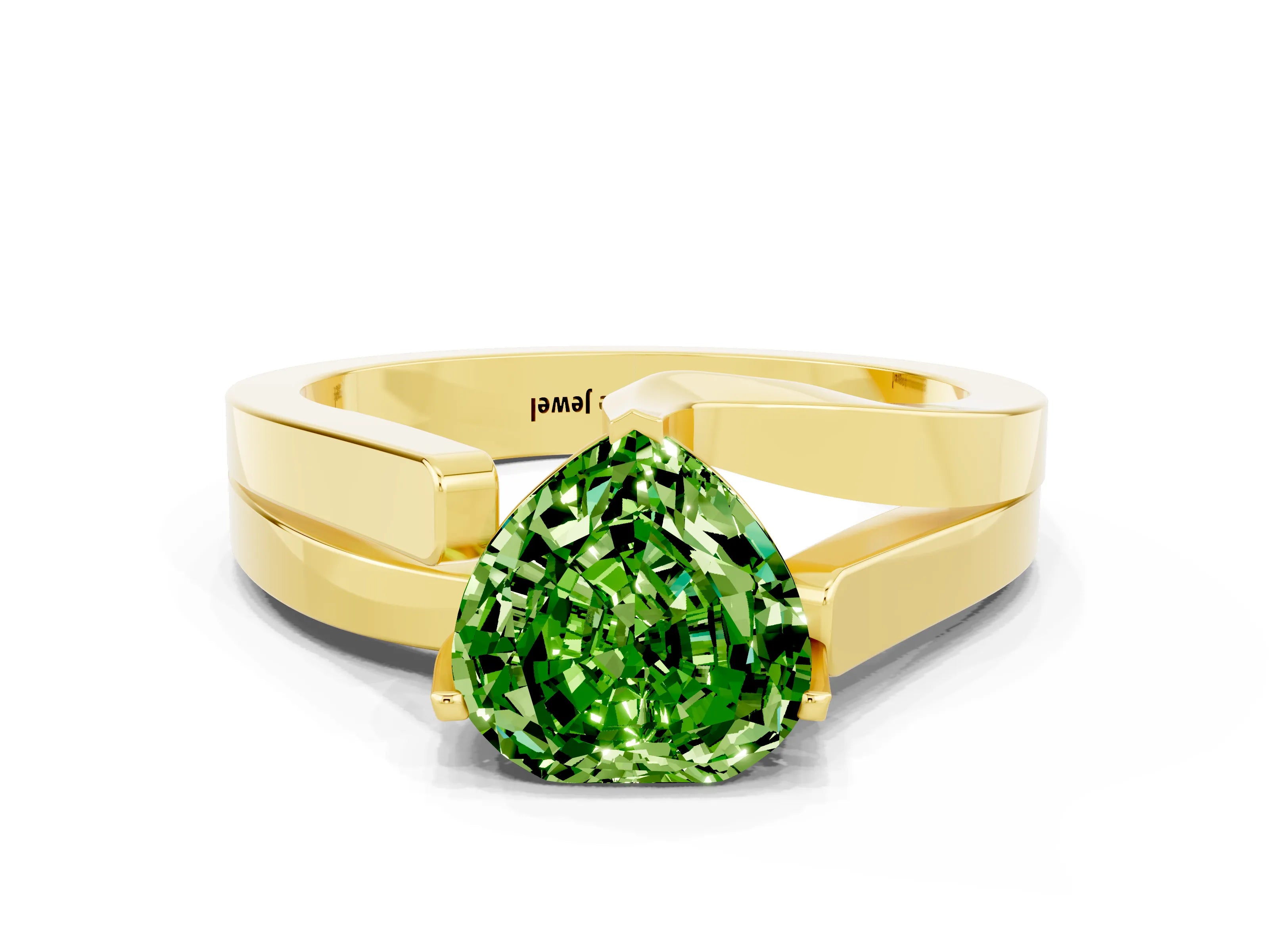 Yellow gold Modern Tension Set Heart Cut Peridot Solitaire Wide Band Ring