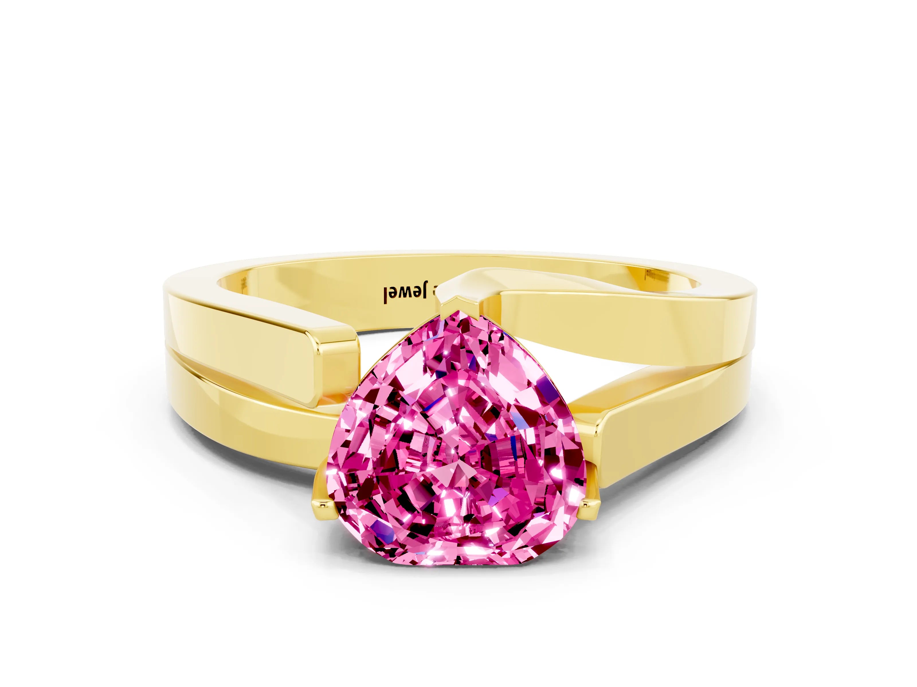 Yellow gold Modern Tension Set Heart Cut Pink Sapphire Solitaire Wide Band Ring_12