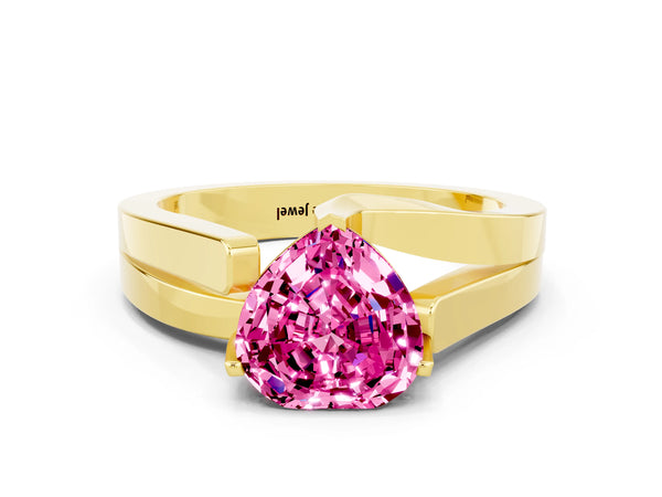 Yellow gold Modern Tension Set Heart Cut Pink Sapphire Solitaire Wide Band Ring