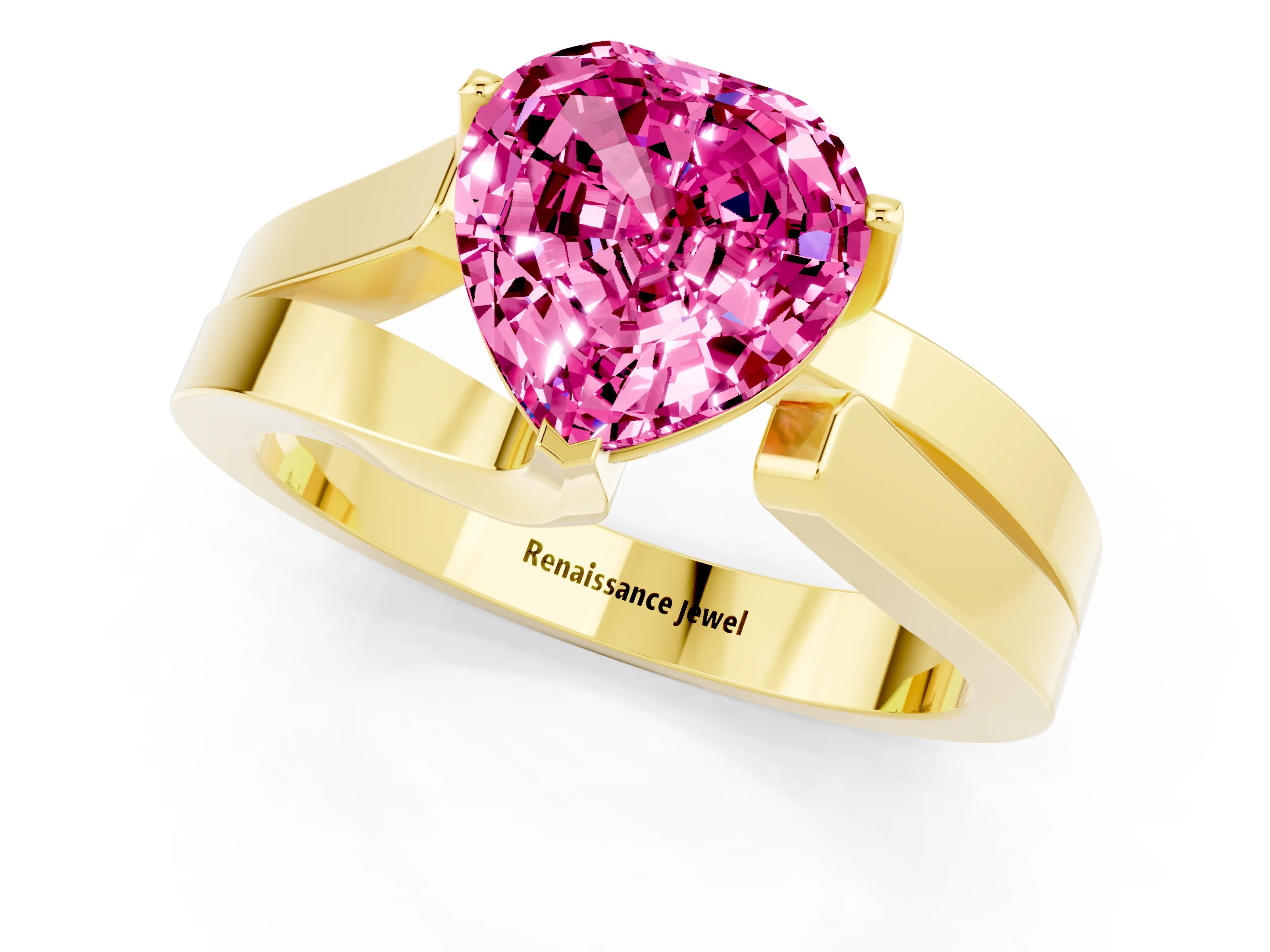 Yellow gold Modern Tension Set Heart Cut Pink Sapphire Solitaire Wide Band Ring_13
