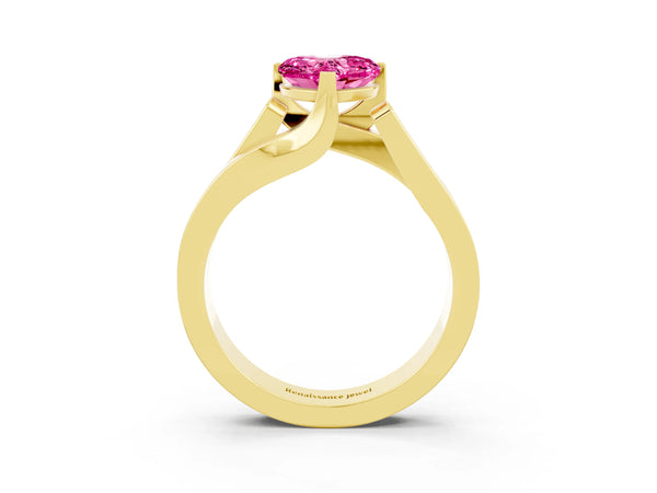 Yellow gold Modern Tension Set Heart Cut Pink Sapphire Solitaire Wide Band Ring