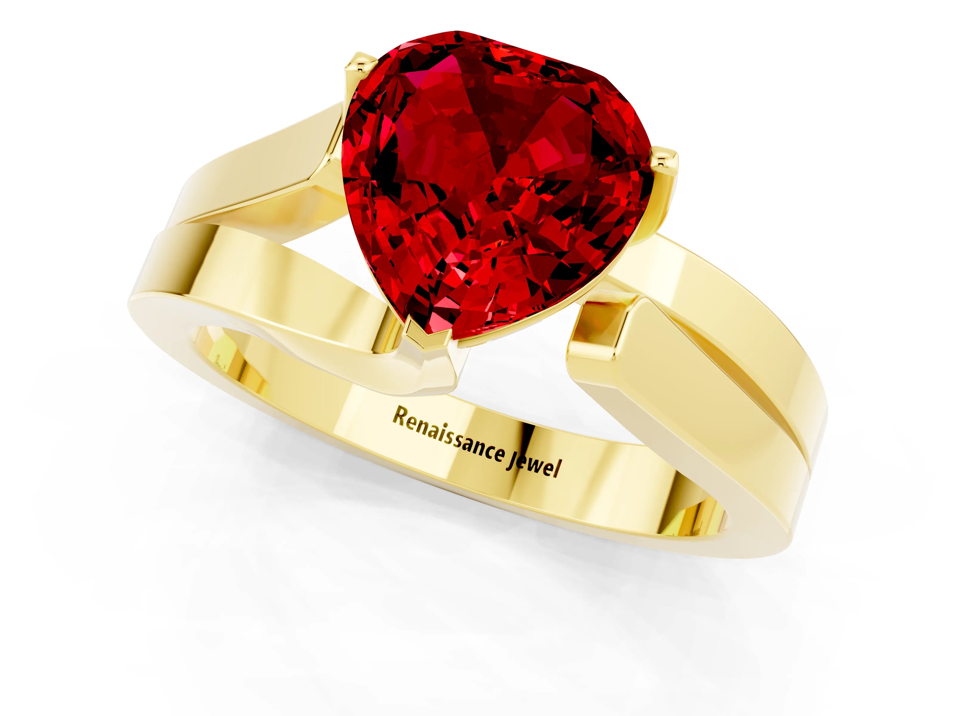Yellow gold Modern Tension Set Heart Cut Ruby Solitaire Wide Band Ring_1