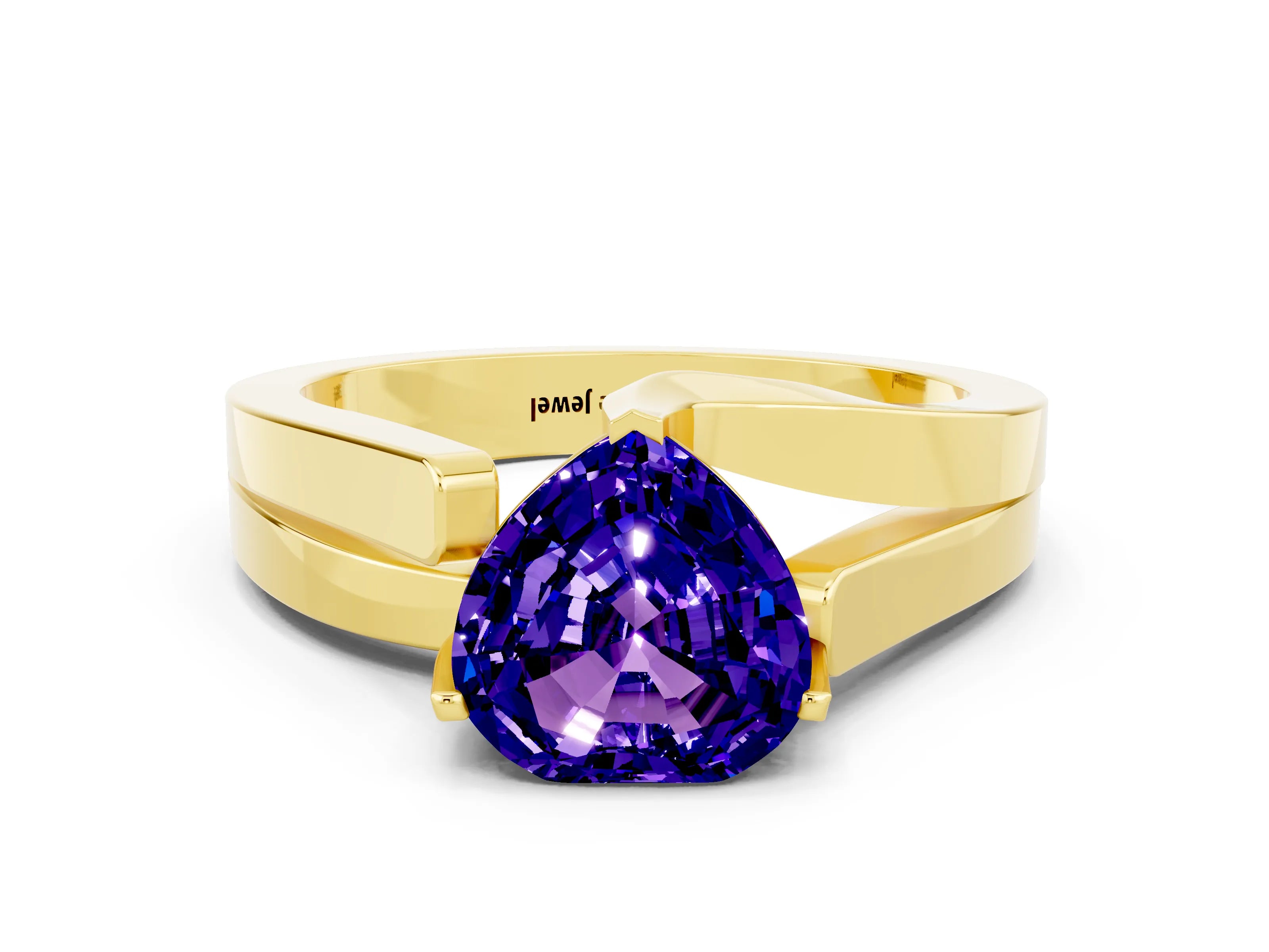 Yellow gold Modern Tension Set Heart Cut Tanzanite Solitaire Wide Band Ring