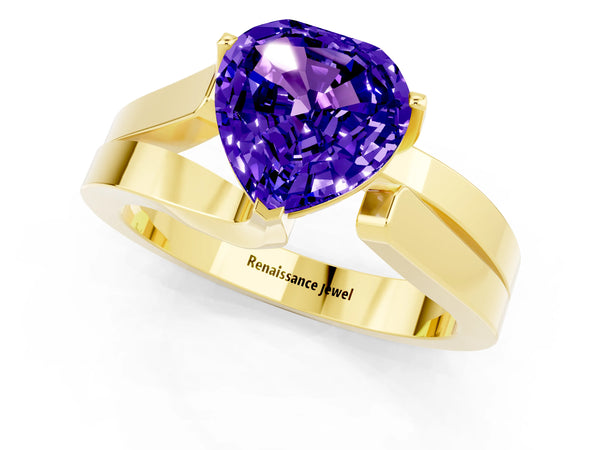 Yellow gold Modern Tension Set Heart Cut Tanzanite Solitaire Wide Band Ring