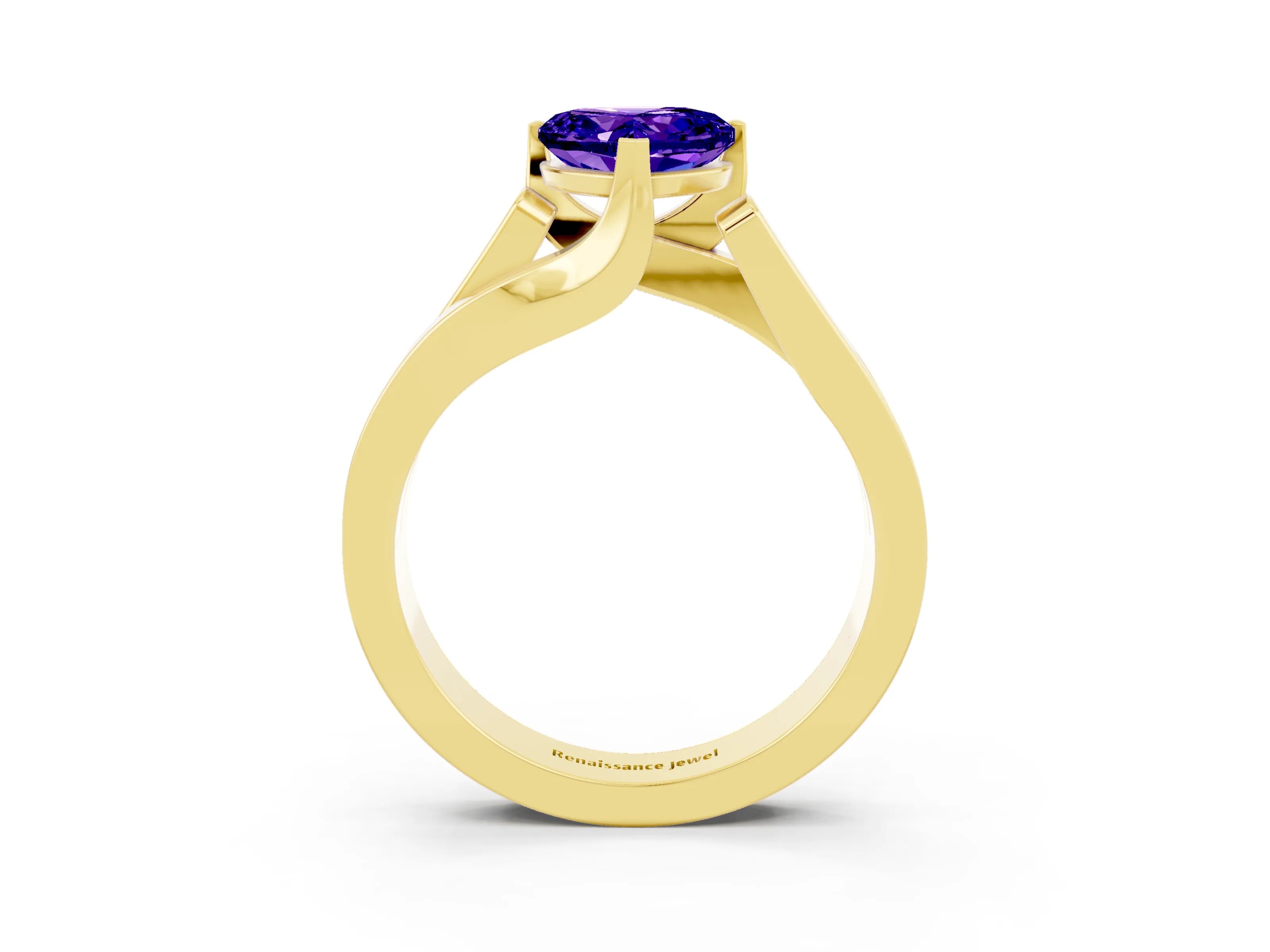 Yellow gold Modern Tension Set Heart Cut Tanzanite Solitaire Wide Band Ring_3