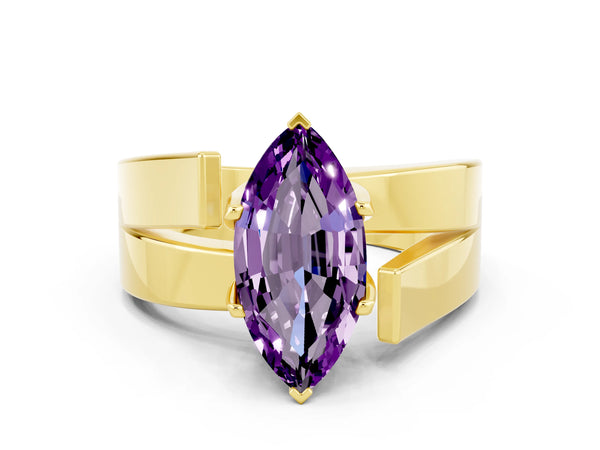 Yellow gold Modern Tension Set Marquise Cut Amethyst Solitaire Wide Band Ring