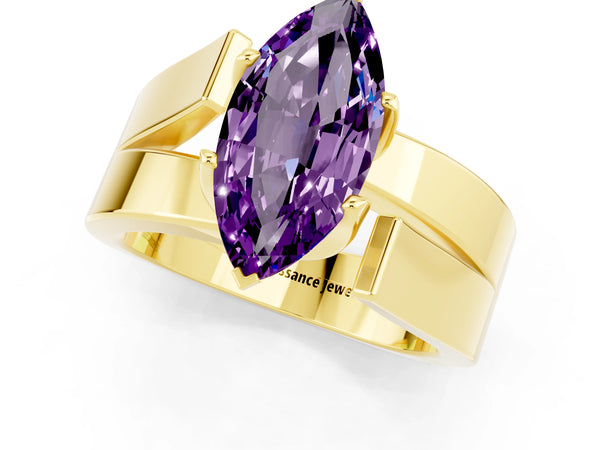 Yellow gold Modern Tension Set Marquise Cut Amethyst Solitaire Wide Band Ring