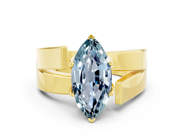 Yellow gold Modern Tension Set Marquise Cut Aquamarine Solitaire Wide Band Ring
