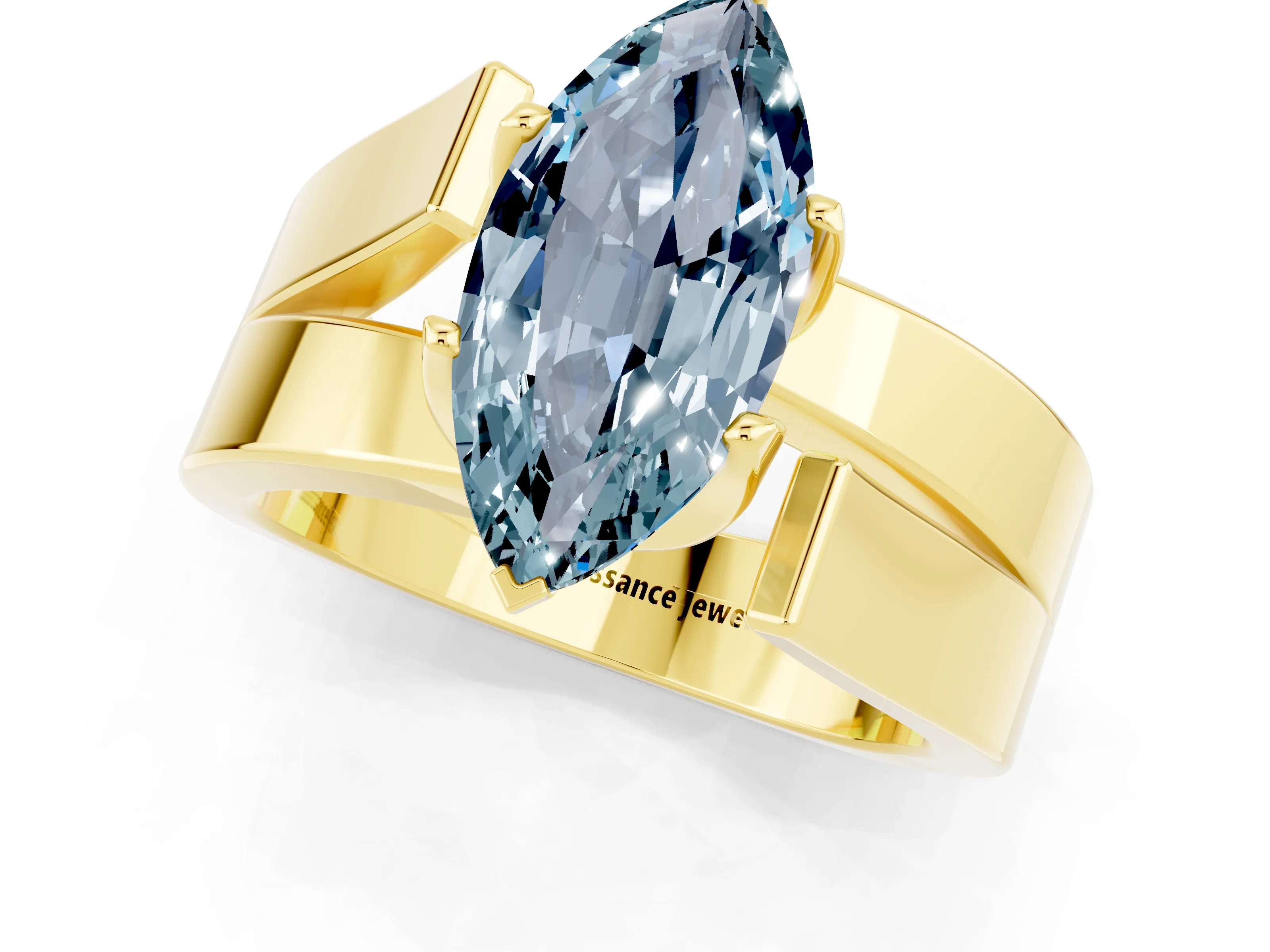 Yellow gold Modern Tension Set Marquise Cut Aquamarine Solitaire Wide Band Ring_1