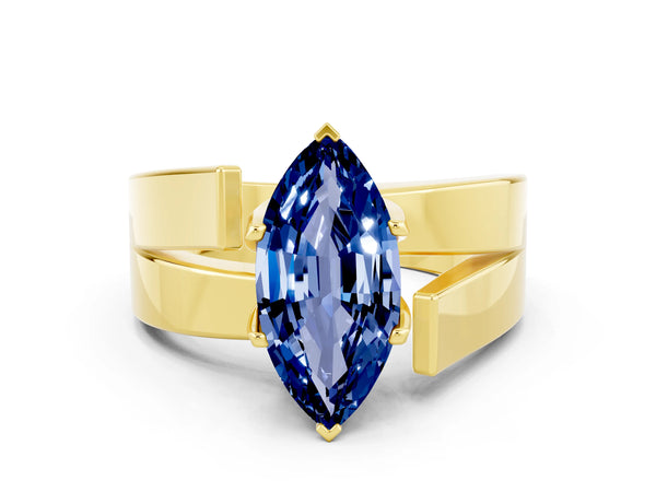Yellow gold Modern Tension Set Marquise Cut Blue Sapphire Solitaire Wide Band Ring