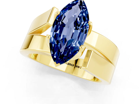 Yellow gold Modern Tension Set Marquise Cut Blue Sapphire Solitaire Wide Band Ring_1
