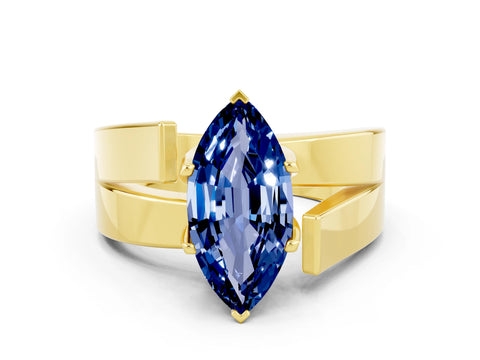 Yellow gold Modern Tension Set Marquise Cut Blue Sapphire Solitaire Wide Band Ring