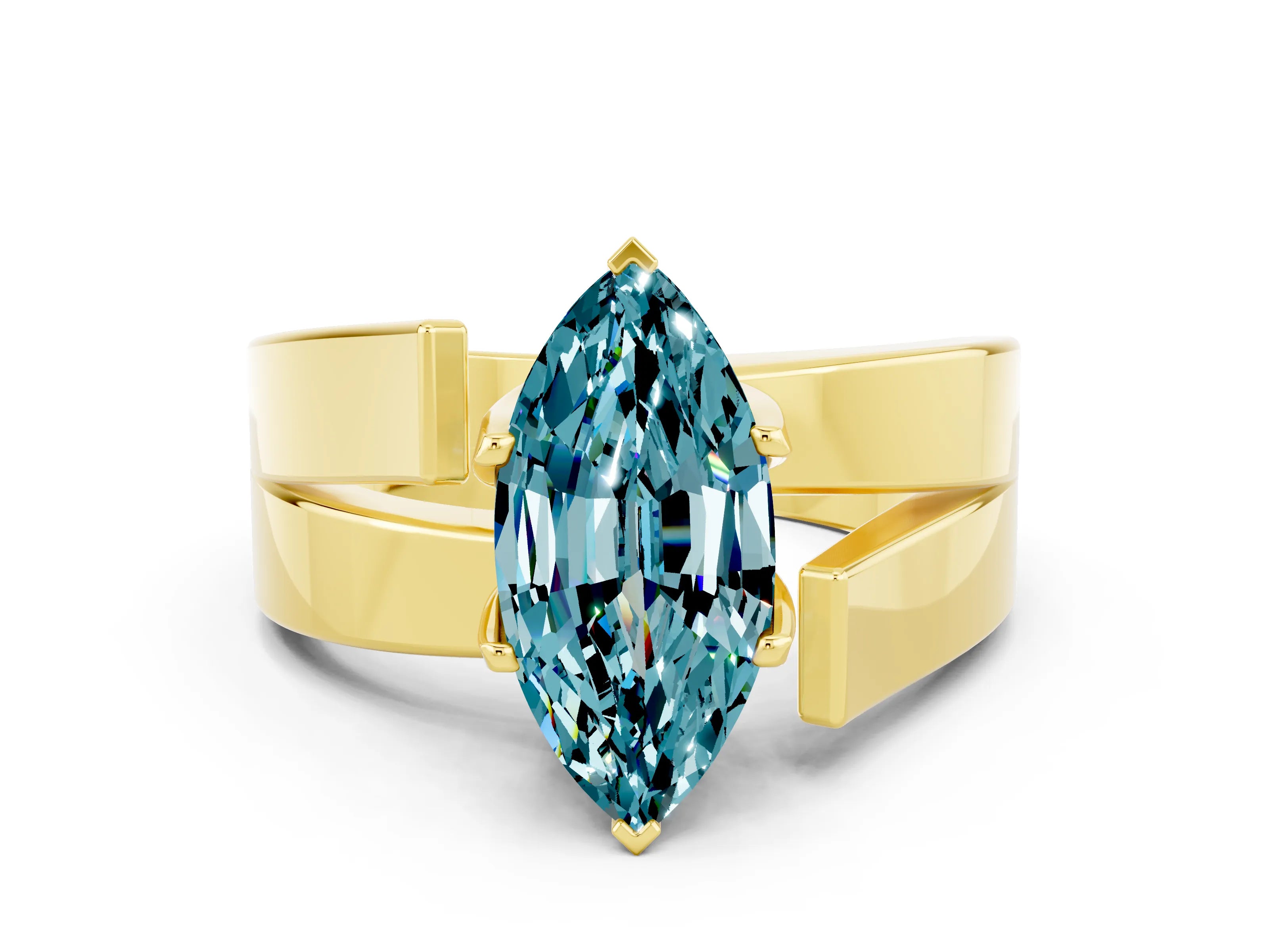 Yellow gold Modern Tension Set Marquise Cut Blue Topaz Solitaire Wide Band Ring