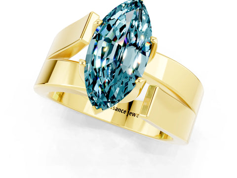 Yellow gold Modern Tension Set Marquise Cut Blue Topaz Solitaire Wide Band Ring_1