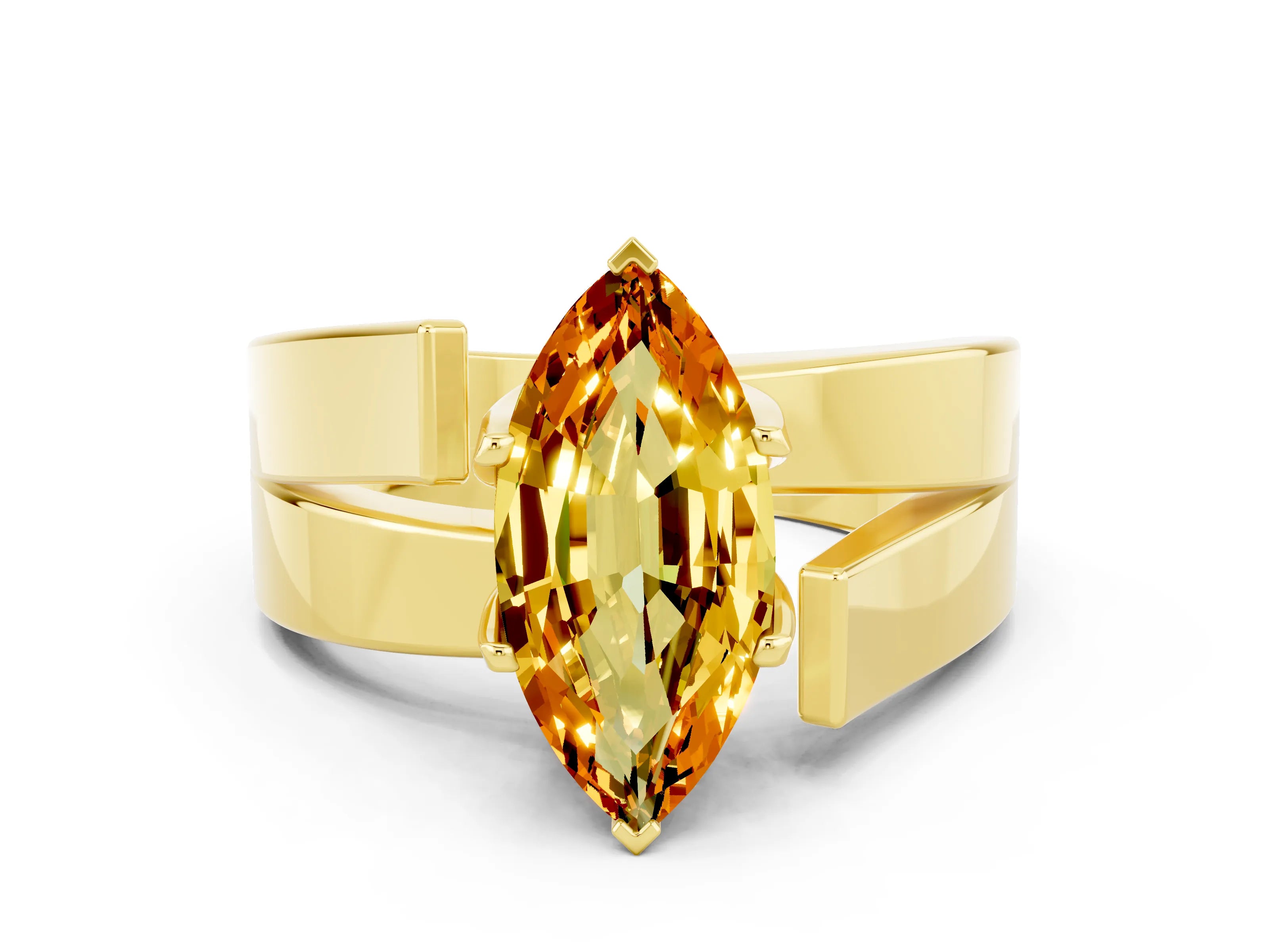 Yellow gold Modern Tension Set Marquise Cut Citrine Solitaire Wide Band Ring