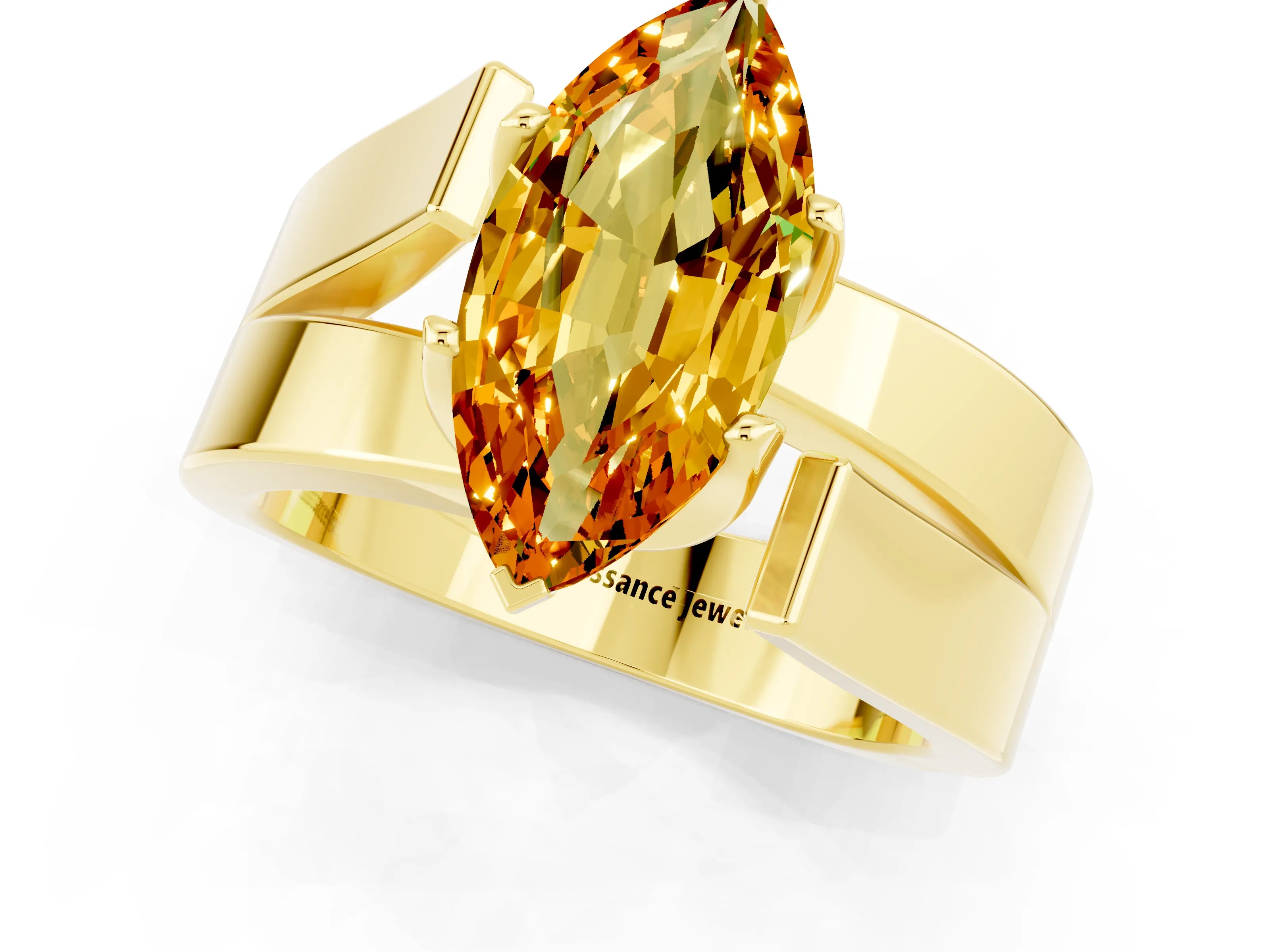 Yellow gold Modern Tension Set Marquise Cut Citrine Solitaire Wide Band Ring_1