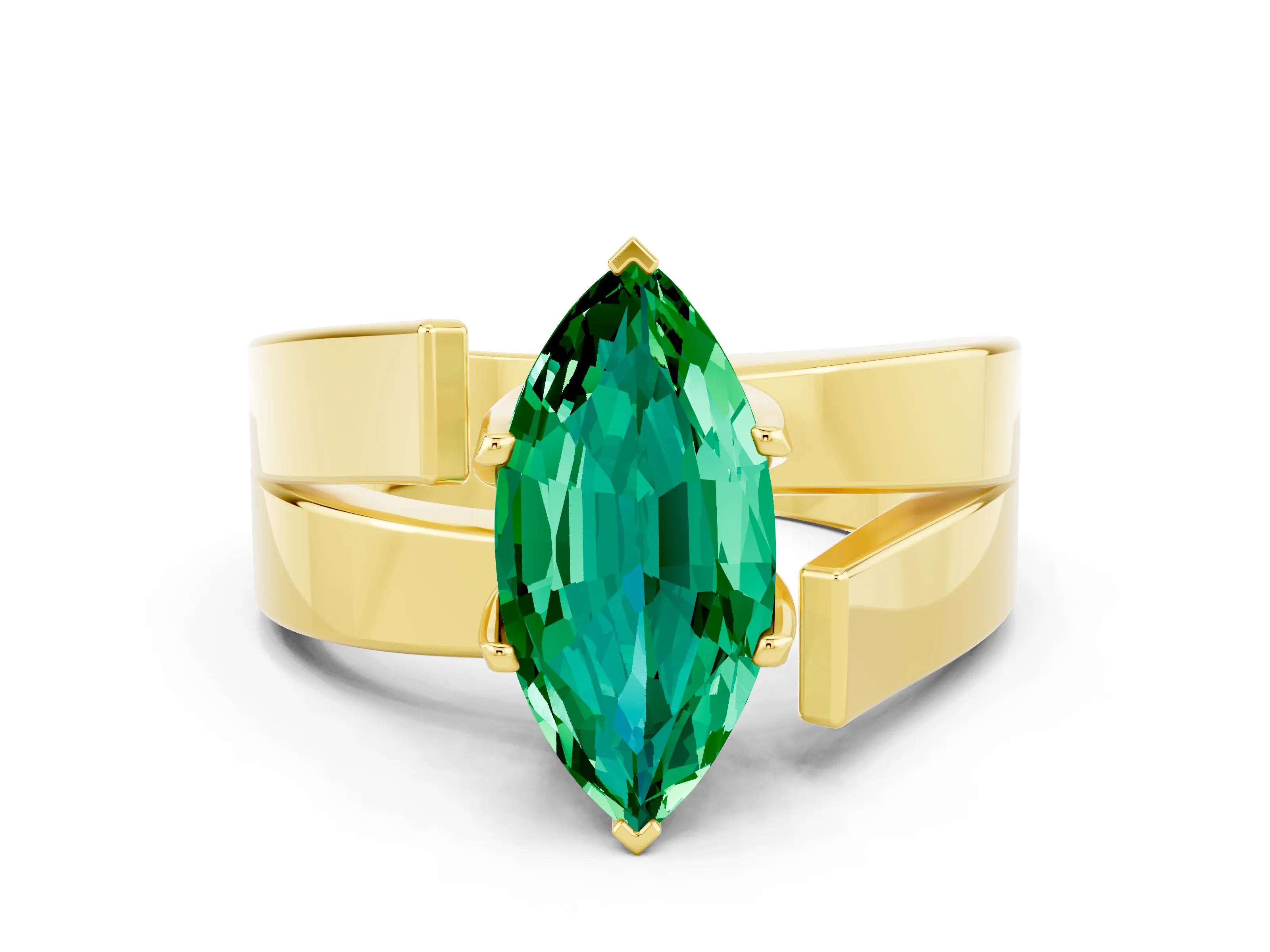 Yellow gold Modern Tension Set Marquise Cut Emerald Solitaire Wide Band Ring_12