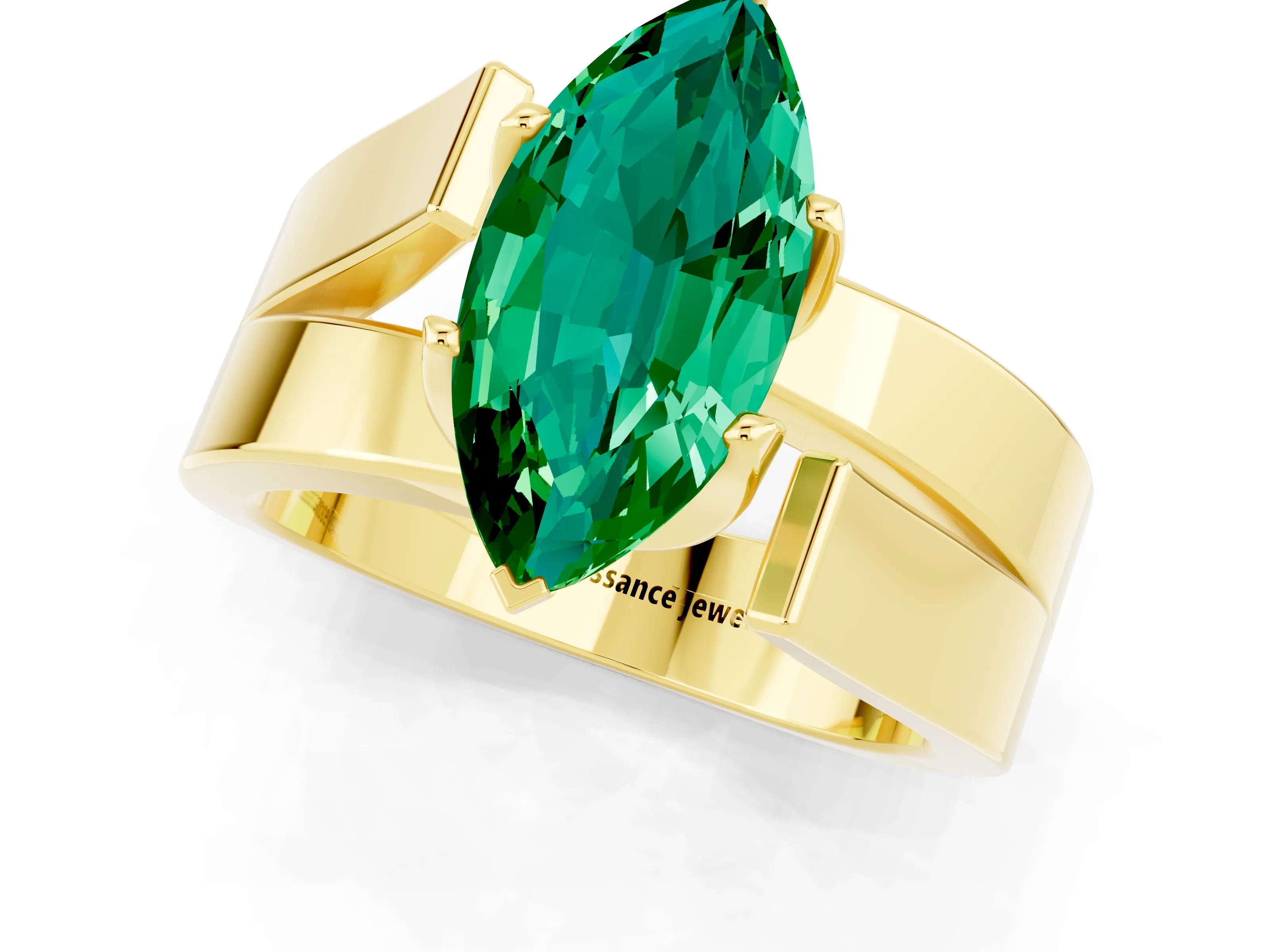 Yellow gold Modern Tension Set Marquise Cut Emerald Solitaire Wide Band Ring_13