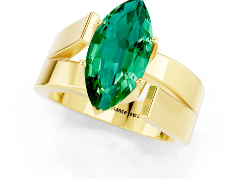Yellow gold Modern Tension Set Marquise Cut Emerald Solitaire Wide Band Ring_13