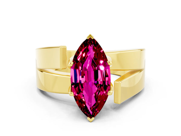 Yellow gold Modern Tension Set Marquise Cut Garnet Solitaire Wide Band Ring