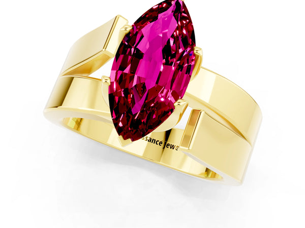 Yellow gold Modern Tension Set Marquise Cut Garnet Solitaire Wide Band Ring