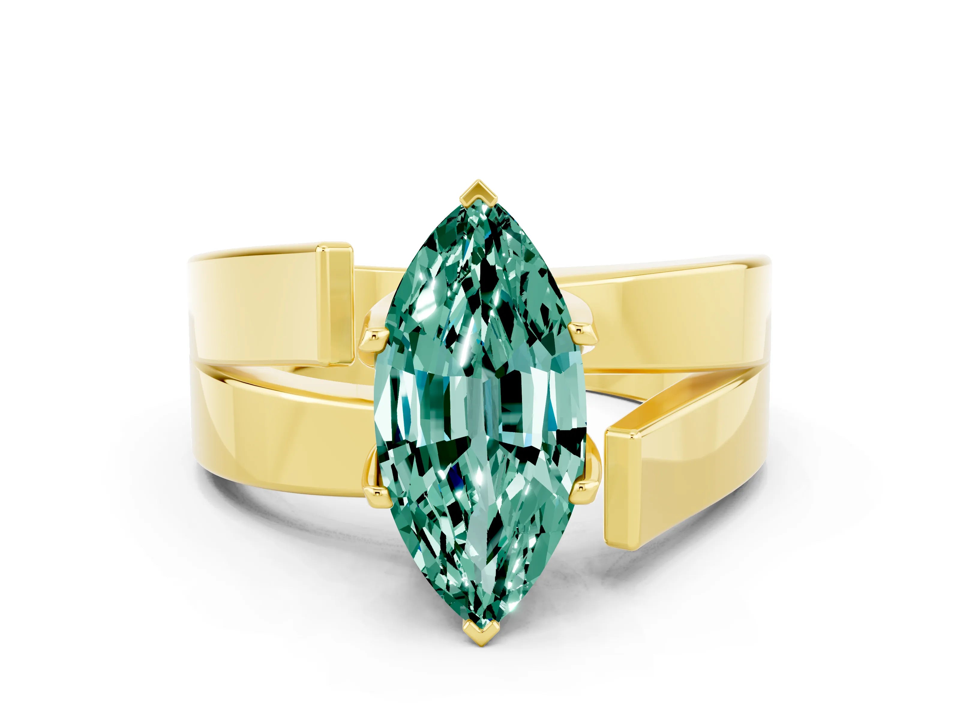 Yellow gold Modern Tension Set Marquise Cut Green Sapphire Solitaire Wide Band Ring