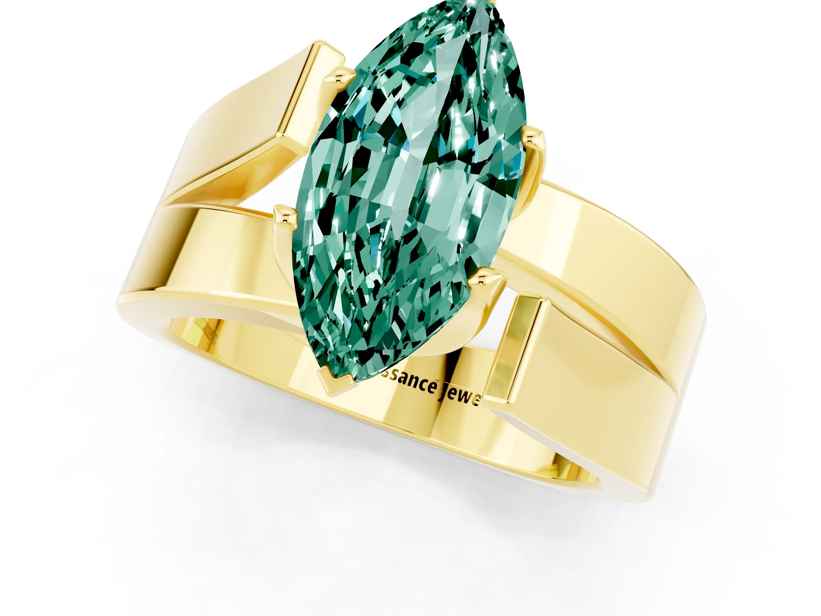 Yellow gold Modern Tension Set Marquise Cut Green Sapphire Solitaire Wide Band Ring_1