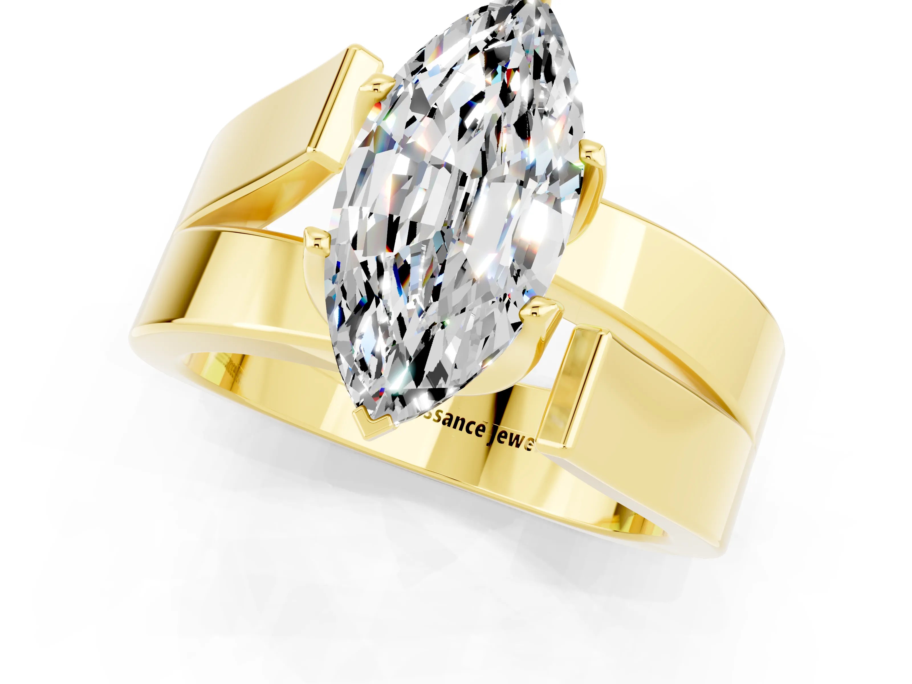 Yellow gold Modern Tension Set Marquise Cut Moissanite Solitaire Wide Band Ring_1