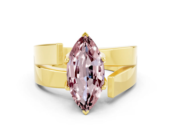 Yellow gold Modern Tension Set Marquise Cut Morganite Solitaire Wide Band Ring