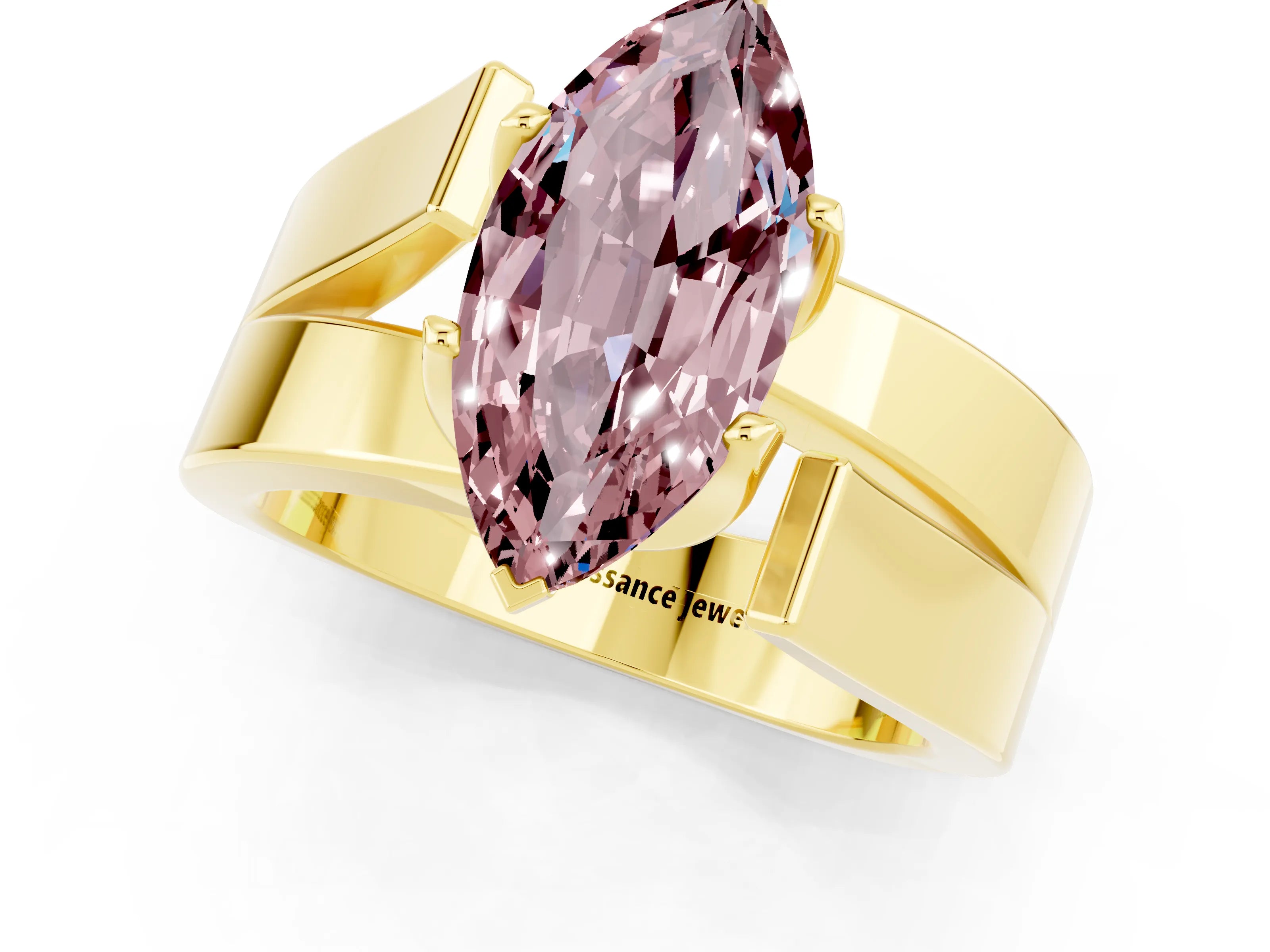 Yellow gold Modern Tension Set Marquise Cut Morganite Solitaire Wide Band Ring_1