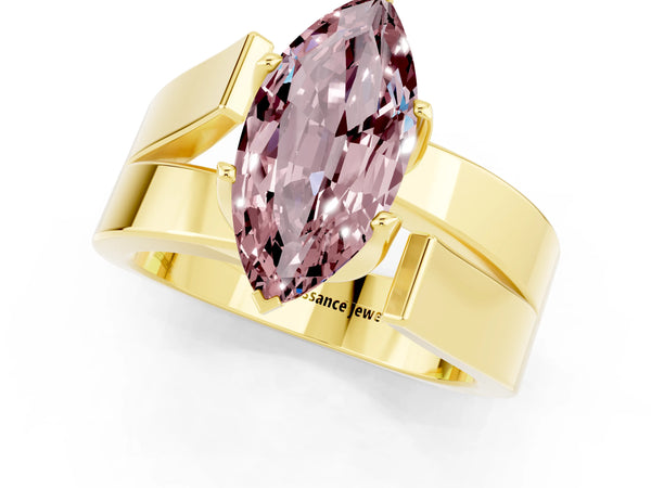Yellow gold Modern Tension Set Marquise Cut Morganite Solitaire Wide Band Ring