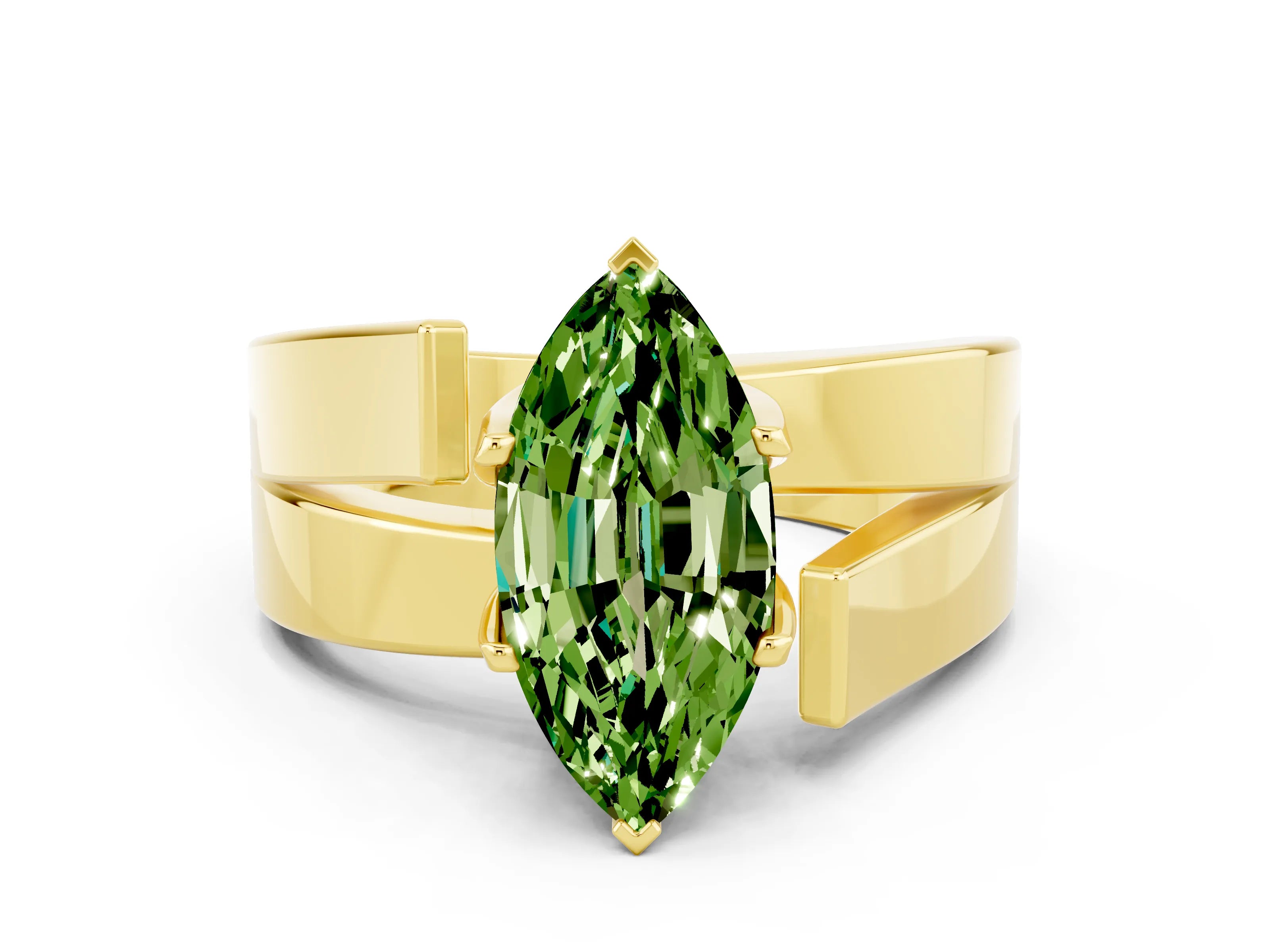 Yellow gold Modern Tension Set Marquise Cut Peridot Solitaire Wide Band Ring