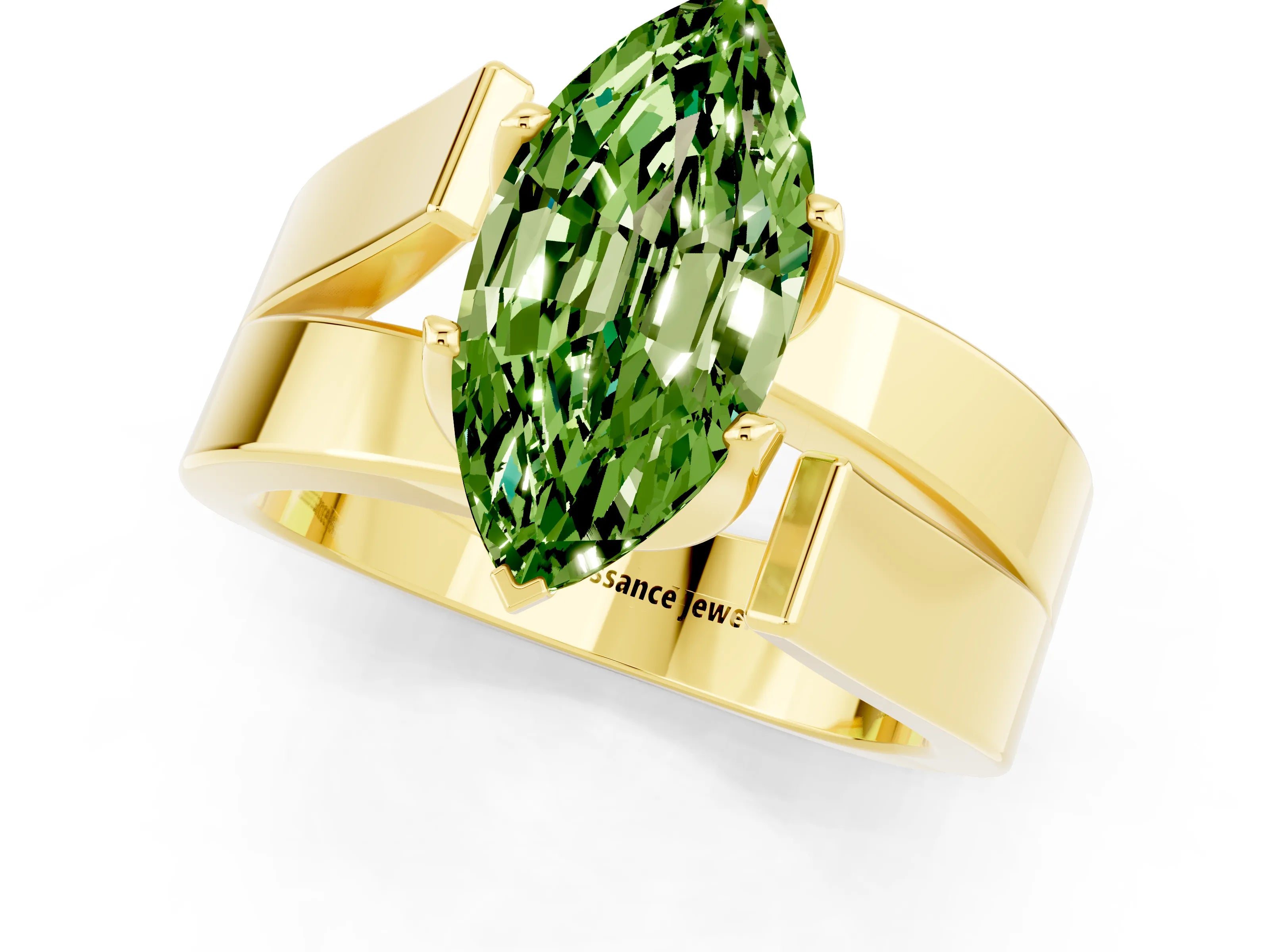 Yellow gold Modern Tension Set Marquise Cut Peridot Solitaire Wide Band Ring_1