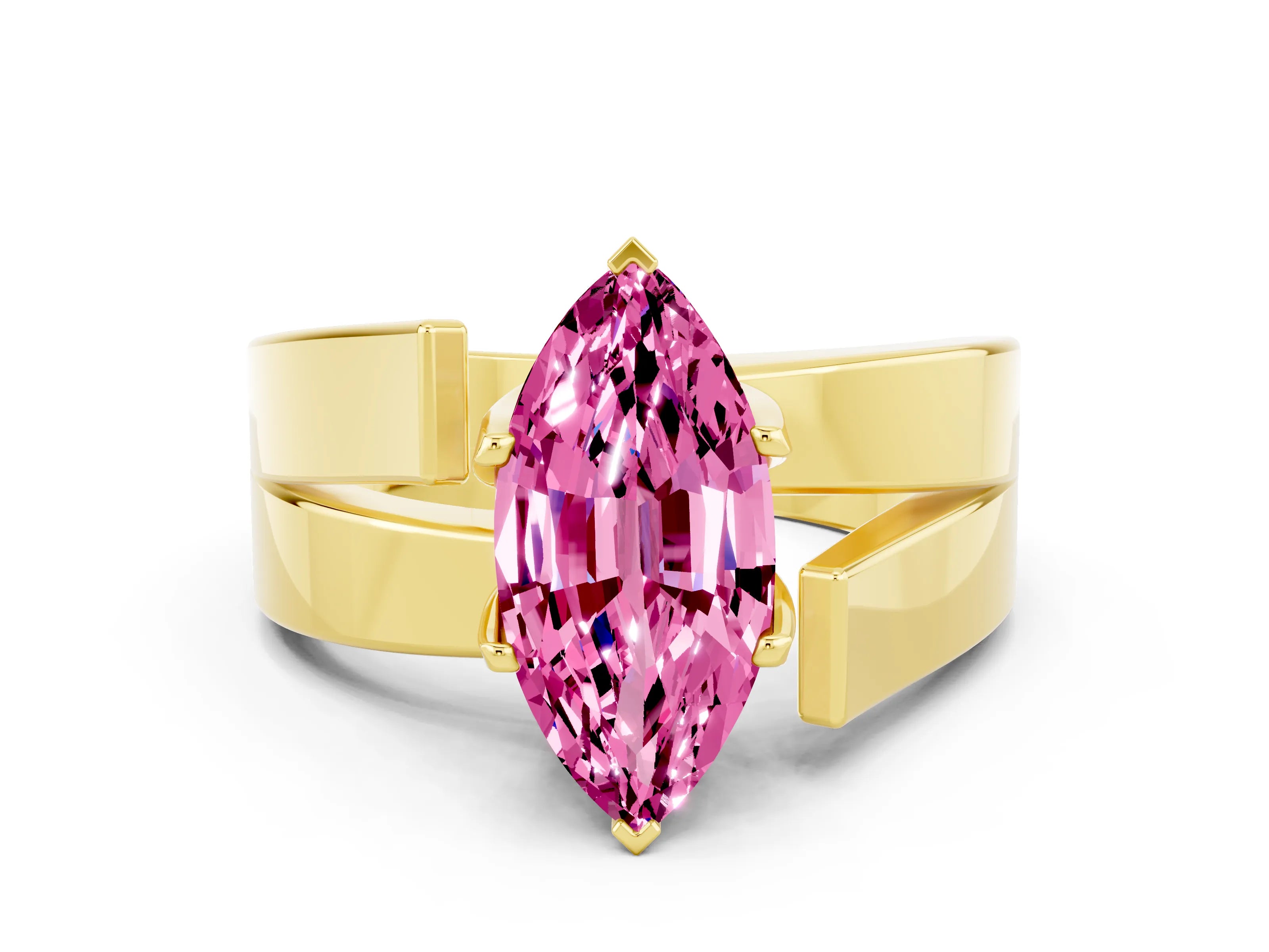 Yellow gold Modern Tension Set Marquise Cut Pink Sapphire Solitaire Wide Band Ring_12